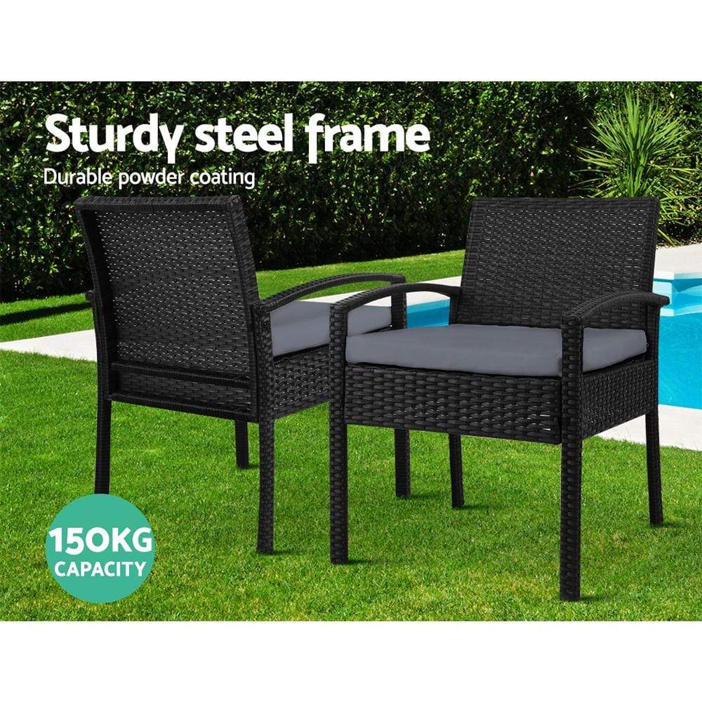 Gardeon Outdoor Furniture Dining Chairs Wicker Garden Patio Cushion Black 3PCS Sofa Set Tea Coffee Cafe Bar Set - Newstart Furniture