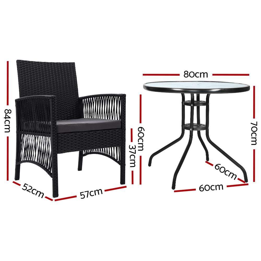 Gardeon Outdoor Furniture Dining Chairs Wicker Garden Patio Cushion Black 3PCS Tea Coffee Cafe Bar Set - Newstart Furniture