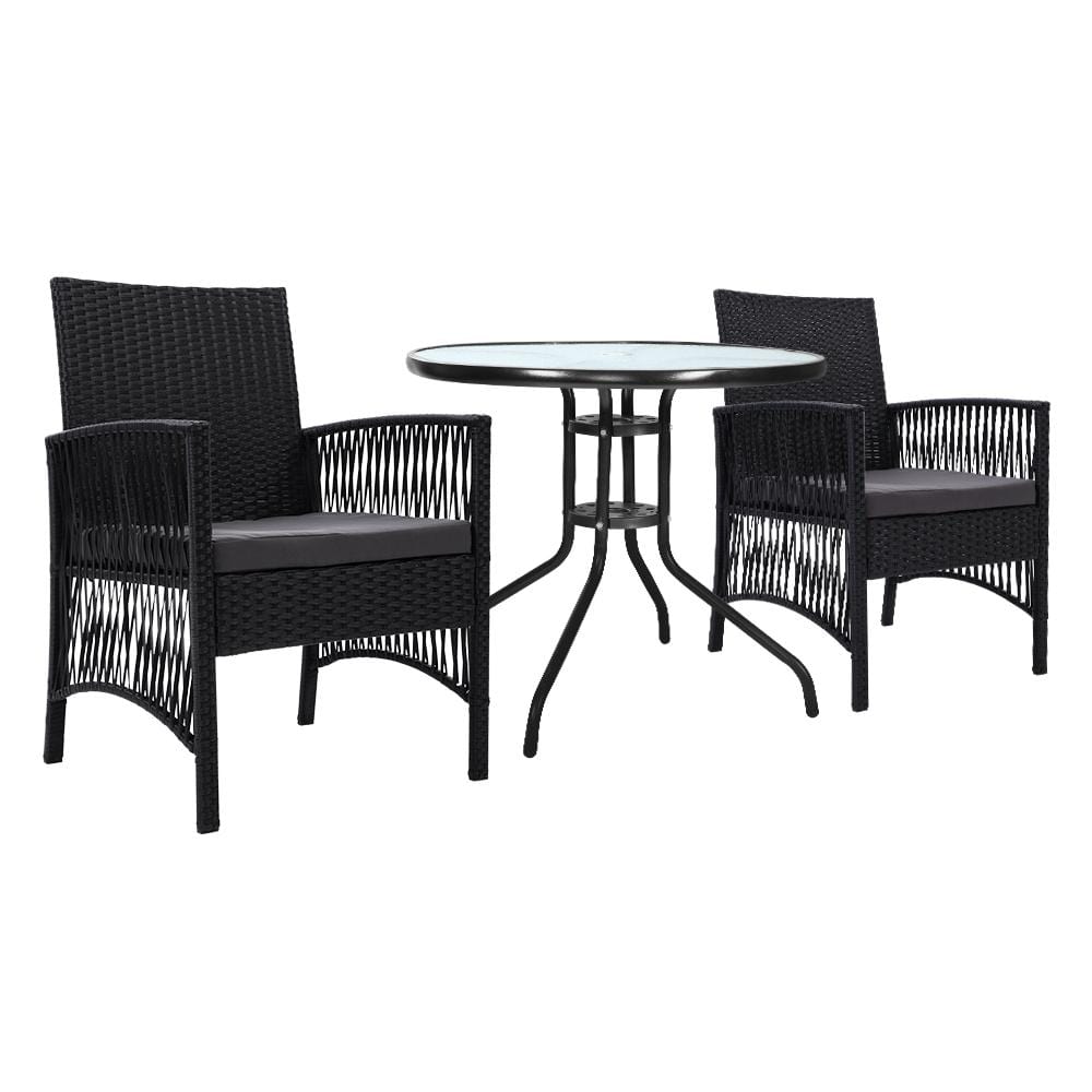 Gardeon Outdoor Furniture Dining Chairs Wicker Garden Patio Cushion Black 3PCS Tea Coffee Cafe Bar Set - Newstart Furniture