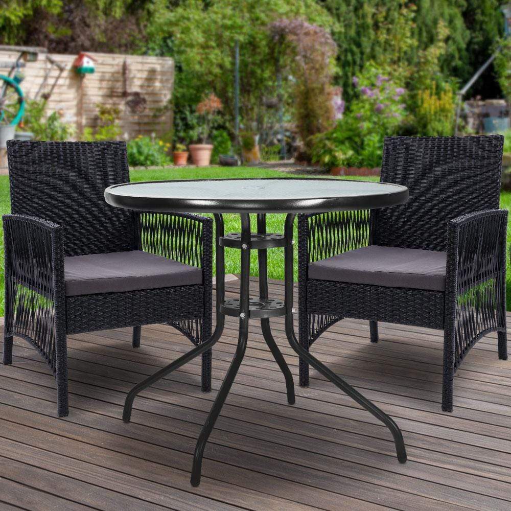 Gardeon Outdoor Furniture Dining Chairs Wicker Garden Patio Cushion Black 3PCS Tea Coffee Cafe Bar Set - Newstart Furniture