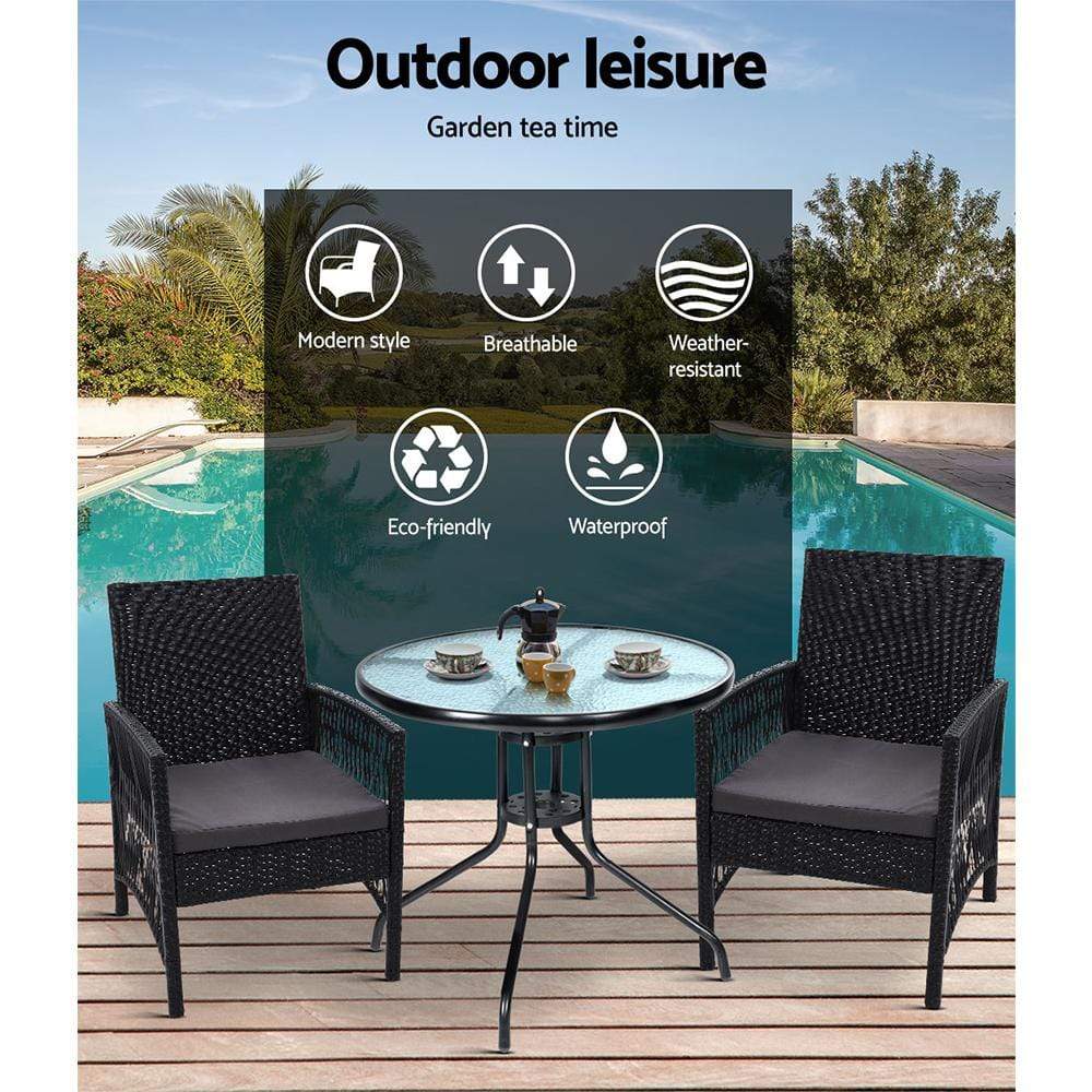 Gardeon Outdoor Furniture Dining Chairs Wicker Garden Patio Cushion Black 3PCS Tea Coffee Cafe Bar Set - Newstart Furniture