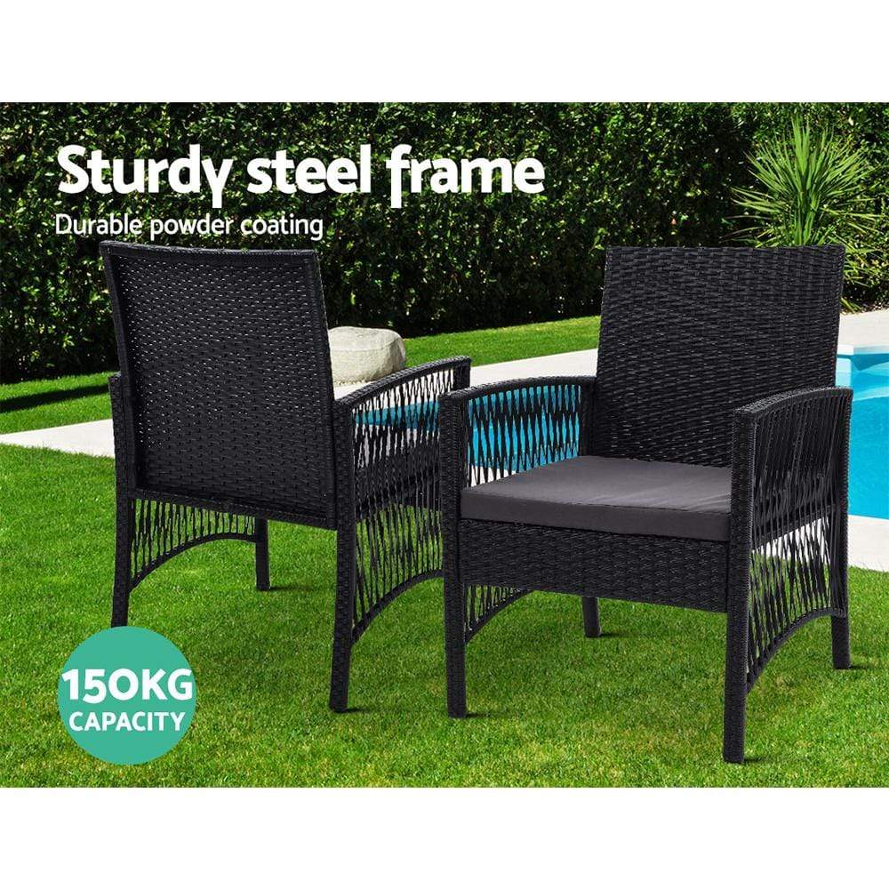 Gardeon Outdoor Furniture Dining Chairs Wicker Garden Patio Cushion Black 3PCS Tea Coffee Cafe Bar Set - Newstart Furniture