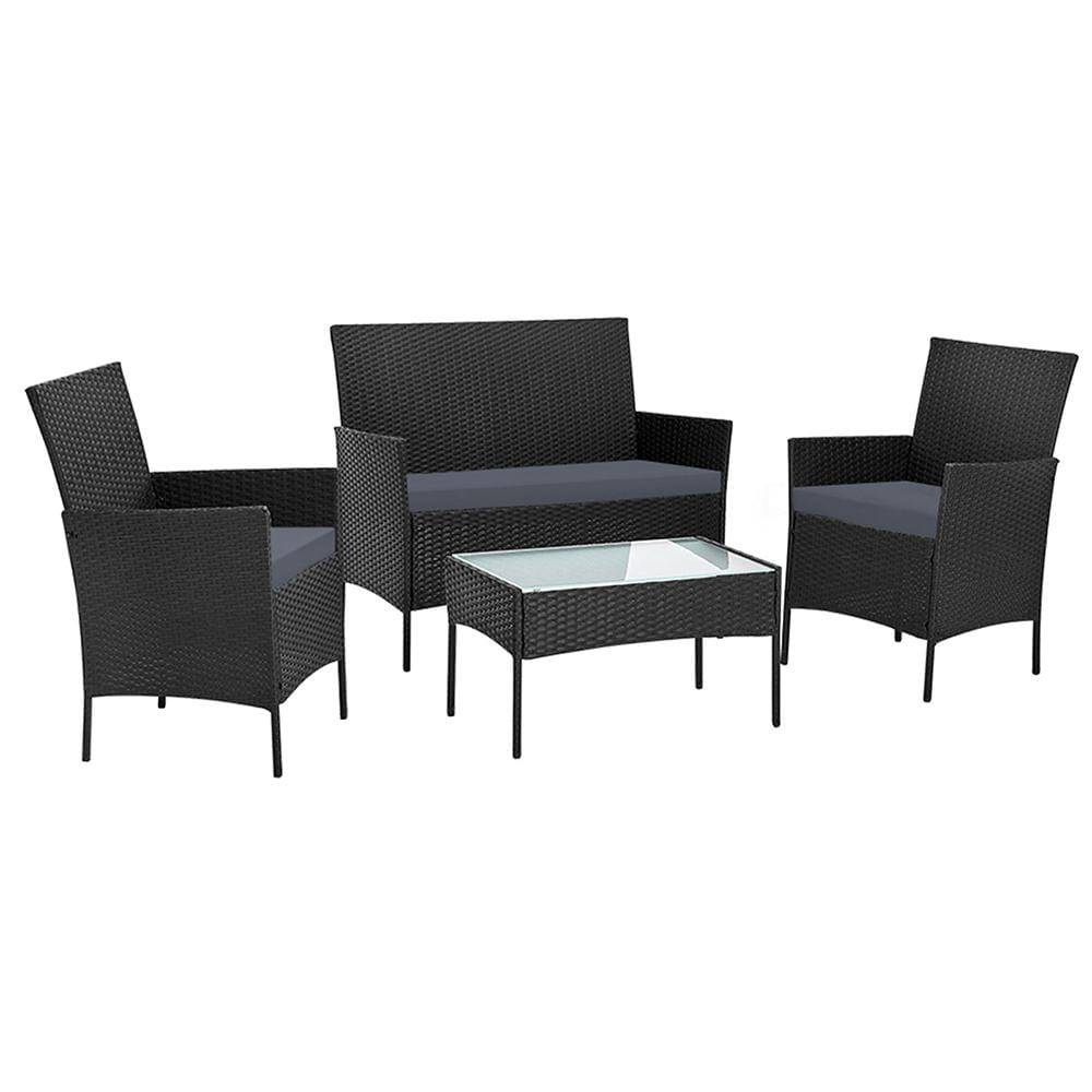 Gardeon Outdoor Furniture Lounge Setting Wicker Patio Dining Set w/Storage Cover Black - Newstart Furniture