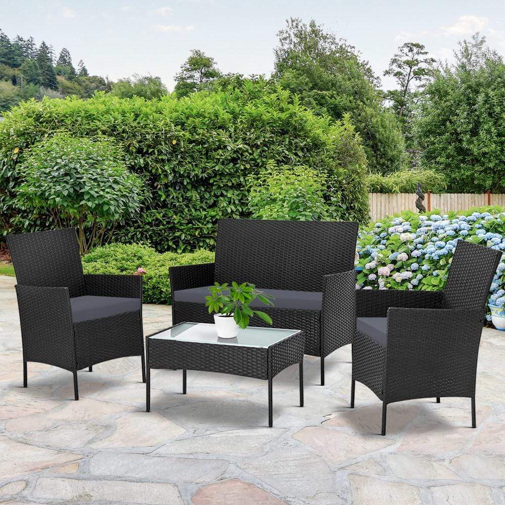 Gardeon Outdoor Furniture Lounge Setting Wicker Patio Dining Set w/Storage Cover Black - Newstart Furniture