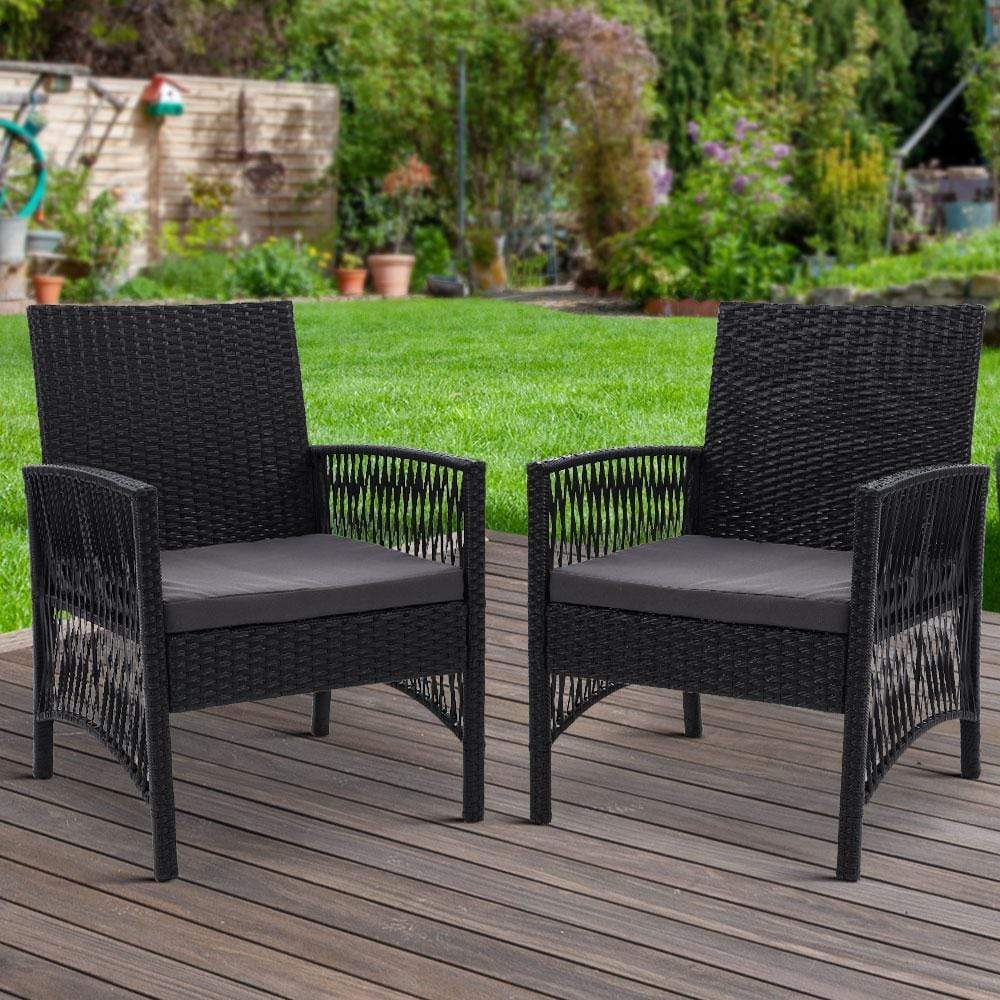 Outdoor Furniture Set of 2 Dining Chairs Wicker Garden Patio Cushion Black Gardeon - Newstart Furniture