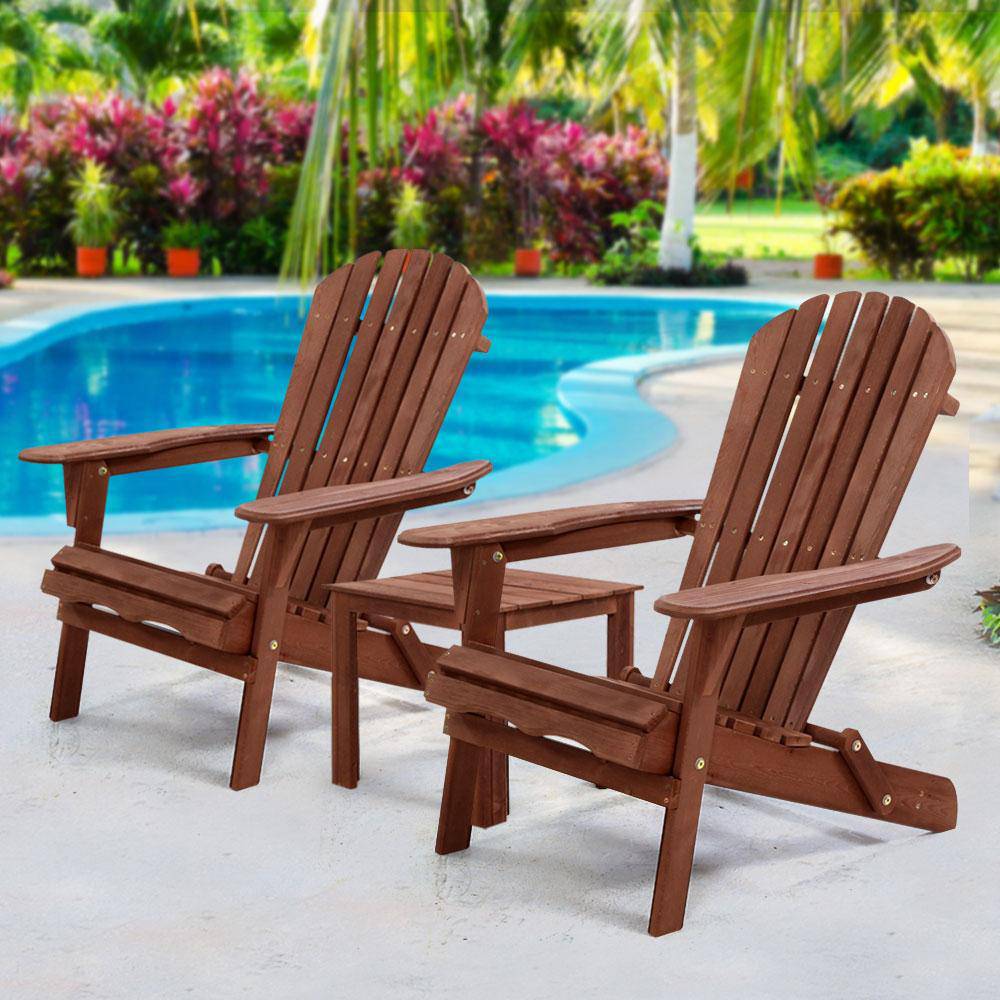 Gardeon 3PC Outdoor Setting Beach Chairs Table Wooden Adirondack Lounge Garden - Newstart Furniture