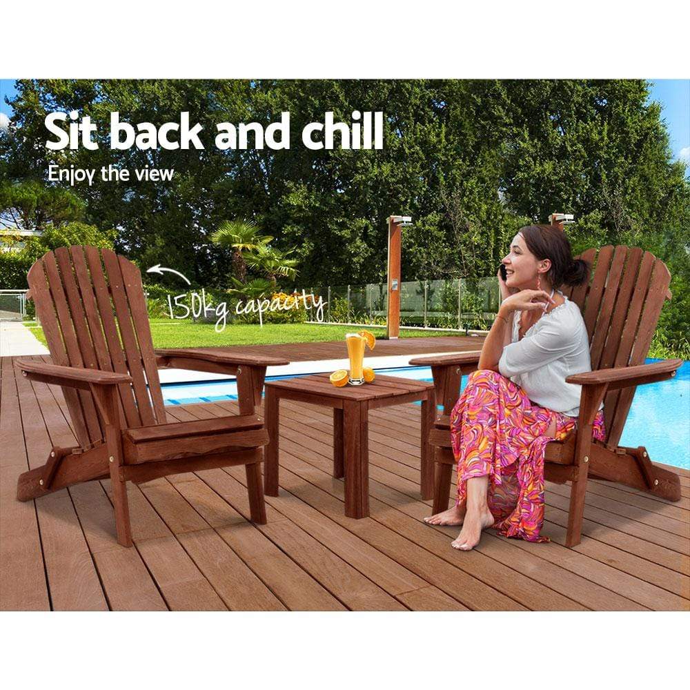 Gardeon 3PC Outdoor Setting Beach Chairs Table Wooden Adirondack Lounge Garden - Newstart Furniture