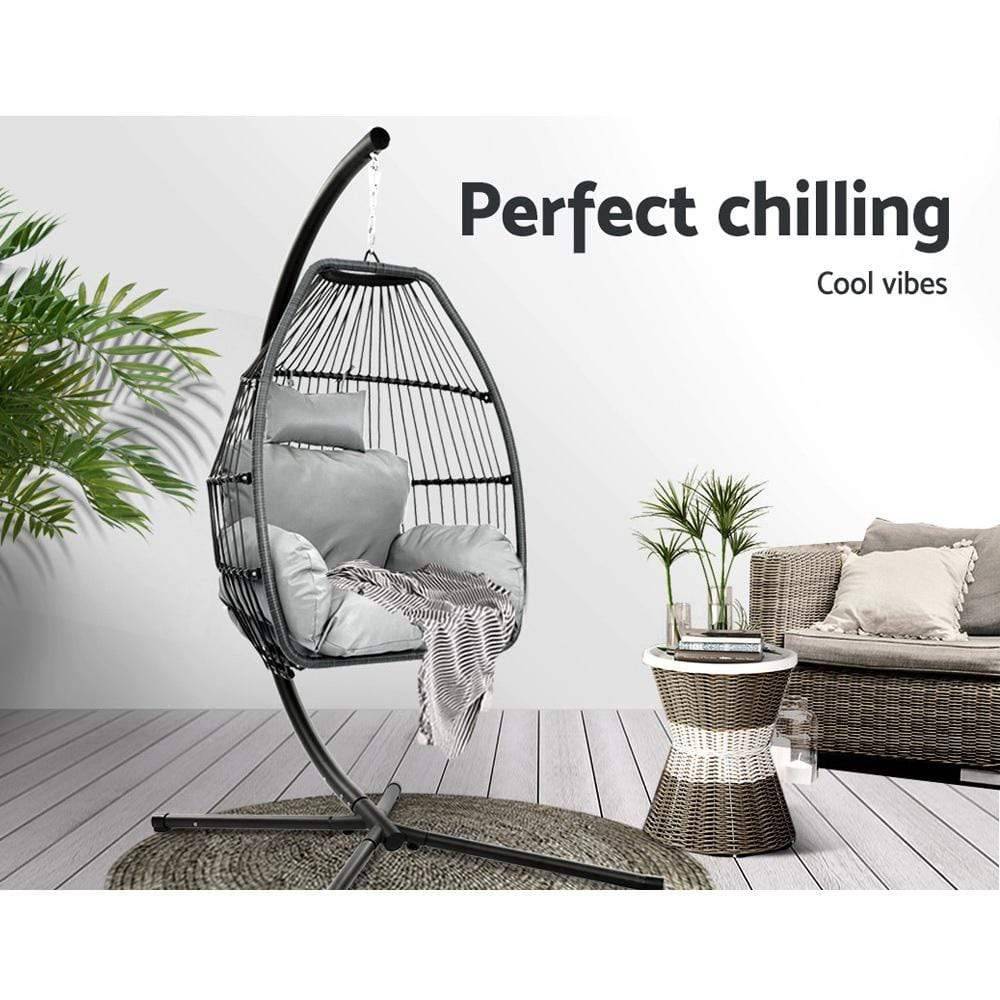 Gardeon Outdoor Furniture Egg Hammock Hanging Swing Chair Stand Pod Wicker Grey - Newstart Furniture