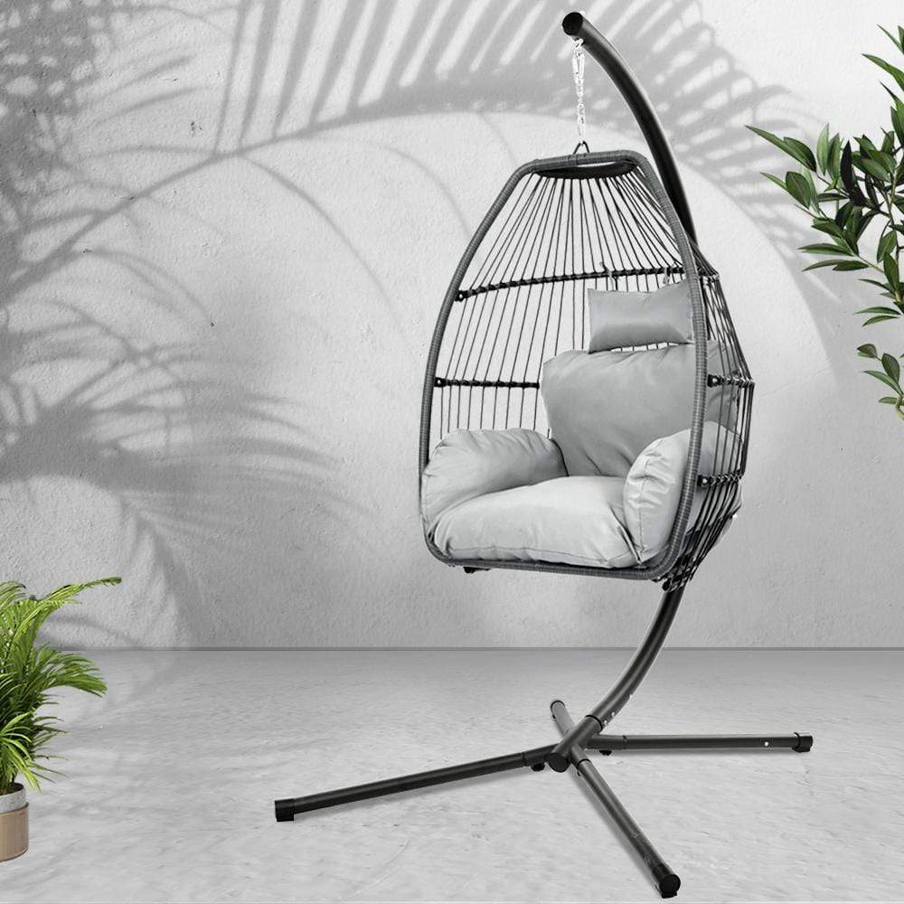 Gardeon Outdoor Furniture Egg Hammock Hanging Swing Chair Stand Pod Wicker Grey - Newstart Furniture