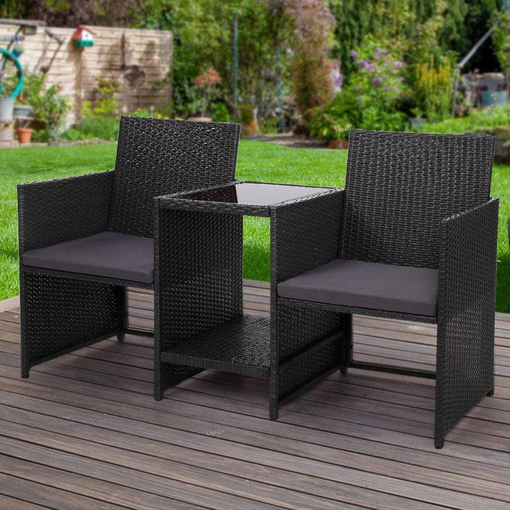 Gardeon Outdoor Setting Wicker Loveseat Birstro Set Patio Garden Furniture Black - Newstart Furniture