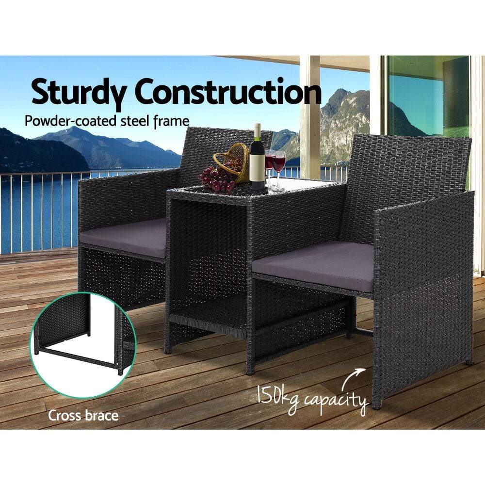 Gardeon Outdoor Setting Wicker Loveseat Birstro Set Patio Garden Furniture Black - Newstart Furniture