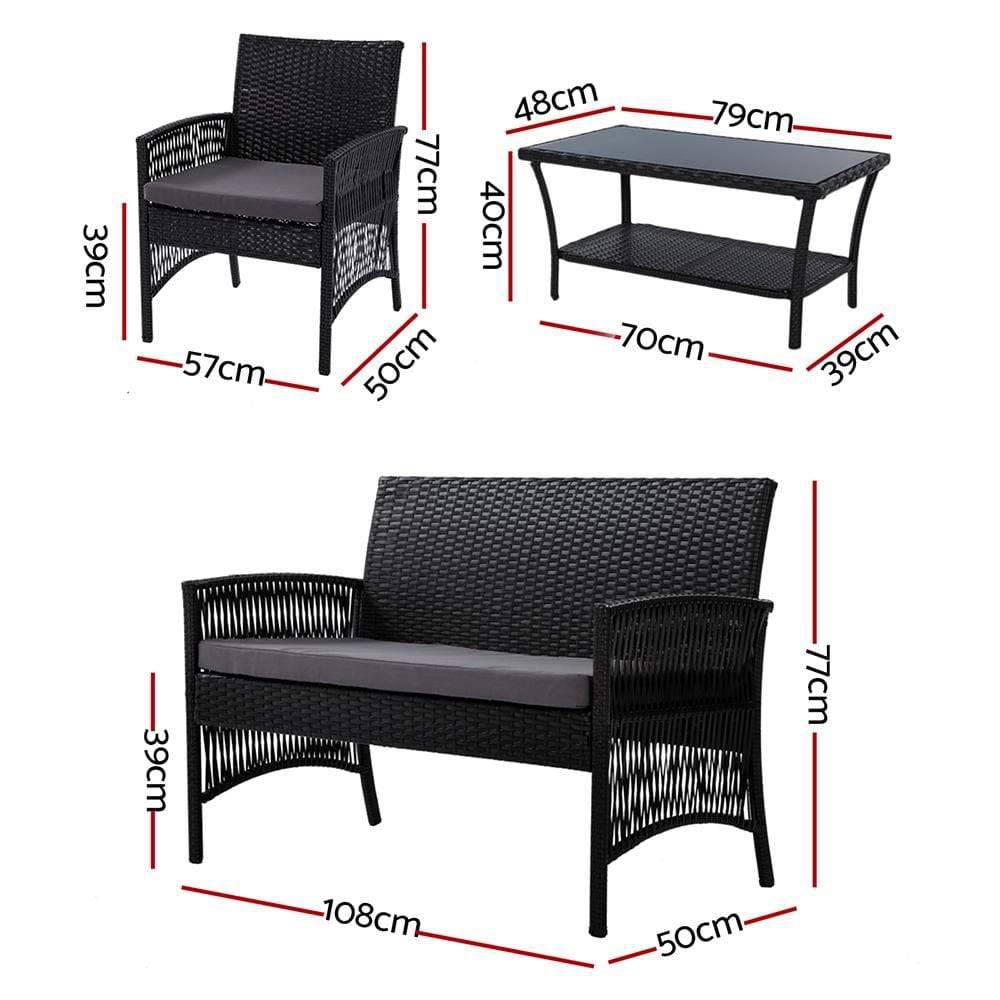 Gardeon 4 PCS Outdoor Furniture Lounge Setting Wicker Dining Set Black - Newstart Furniture