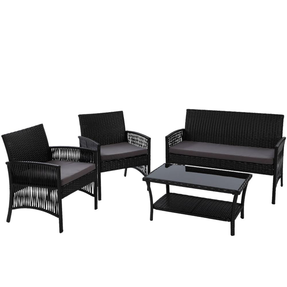 Gardeon 4 PCS Outdoor Furniture Lounge Setting Wicker Dining Set Black - Newstart Furniture