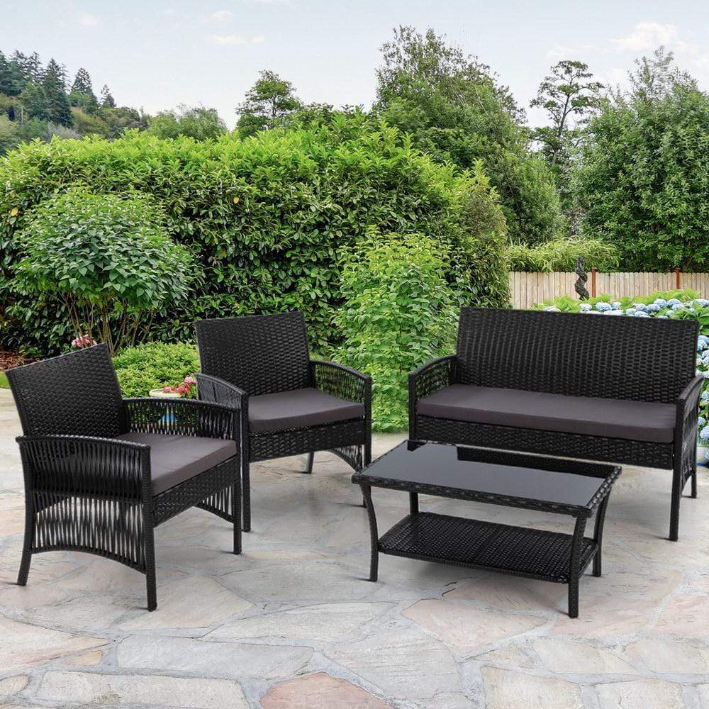 Gardeon 4 PCS Outdoor Furniture Lounge Setting Wicker Dining Set Black - Newstart Furniture