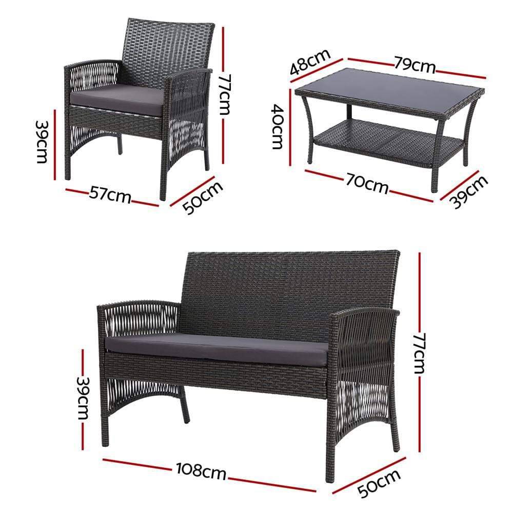 Gardeon 4 PCS Outdoor Furniture Lounge Setting Wicker Dining Set Grey - Newstart Furniture