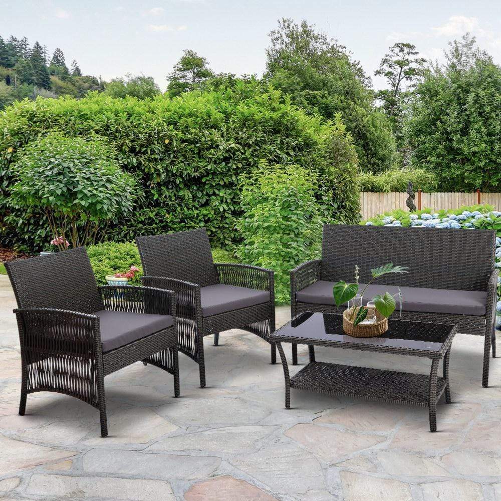 Gardeon 4 PCS Outdoor Furniture Lounge Setting Wicker Dining Set Grey - Newstart Furniture