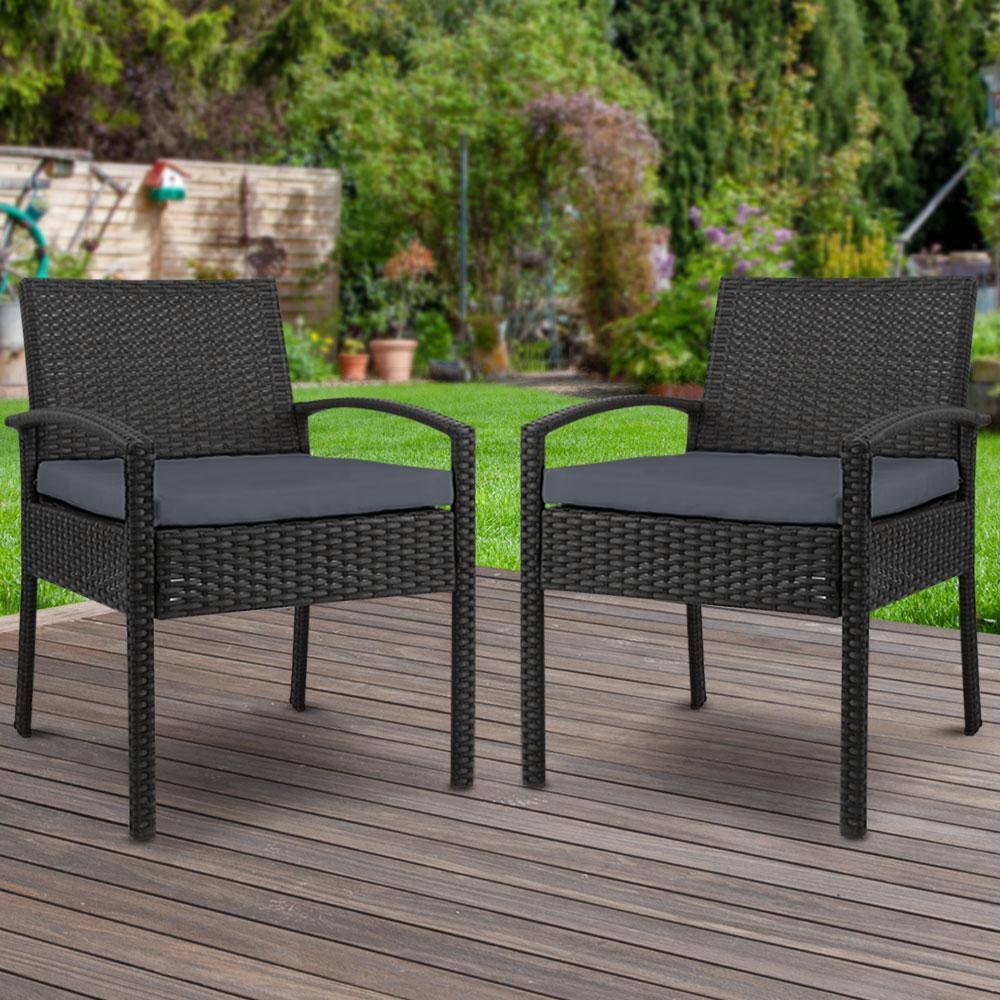 Set of 2 Outdoor Dining Chairs Wicker Chair Patio Garden Furniture Lounge Setting Bistro Set Cafe Cushion Gardeon Black - Newstart Furniture