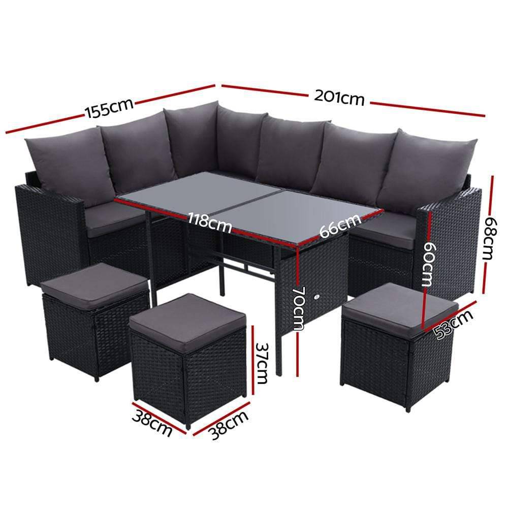 Gardeon Outdoor Furniture Dining Setting Sofa Set Lounge Wicker 9 Seater Black - Newstart Furniture