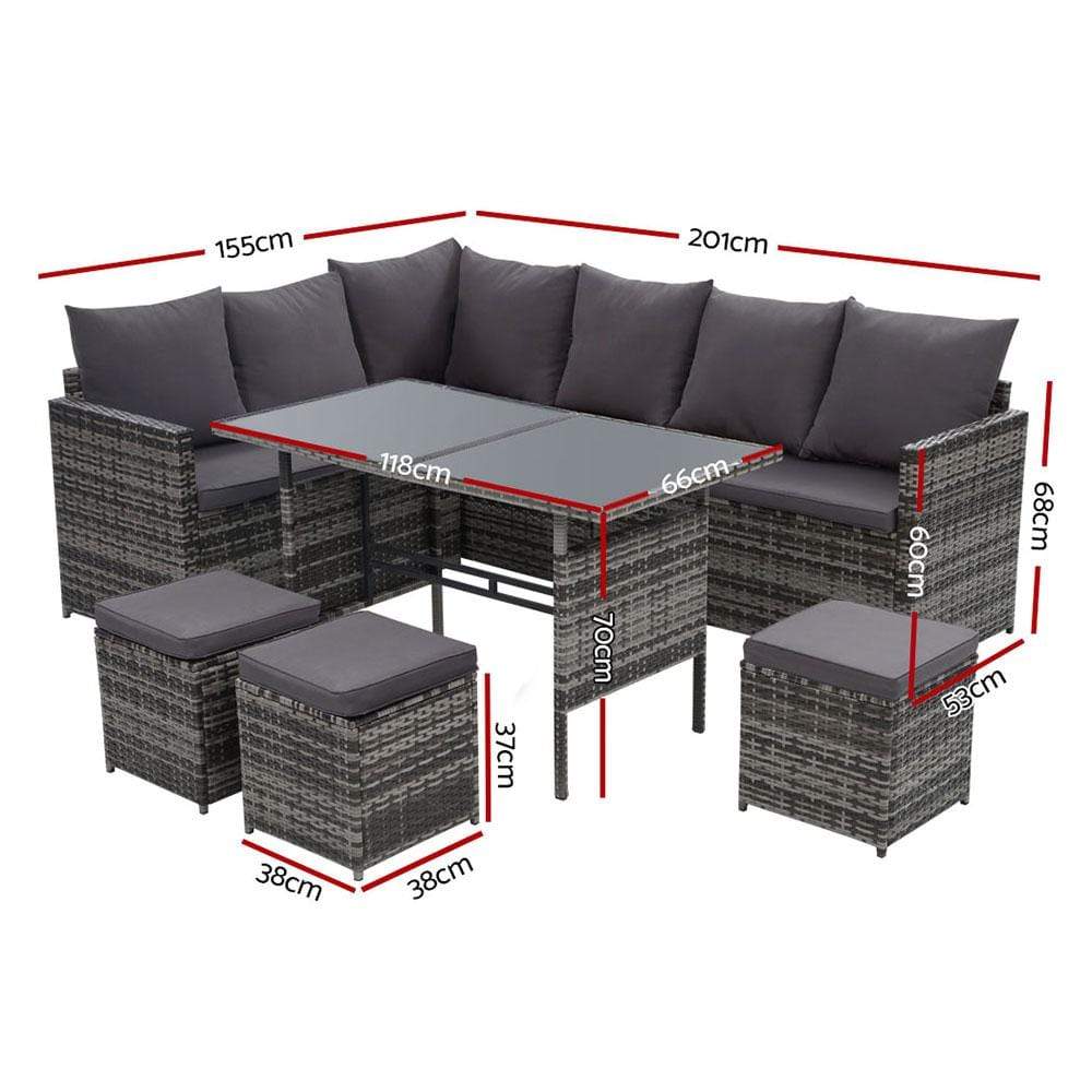 Gardeon Outdoor Furniture Dining Setting Sofa Set Lounge Wicker 9 Seater Mixed Grey - Newstart Furniture