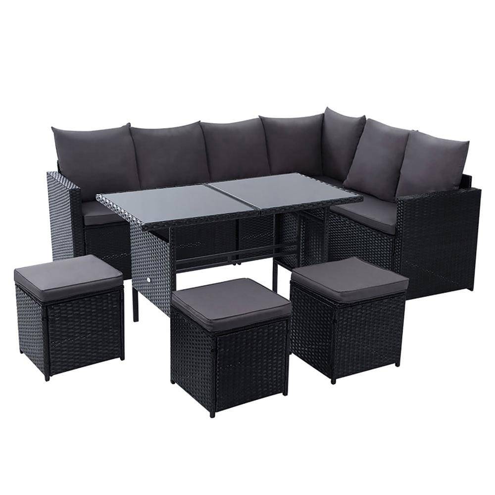 Gardeon Outdoor Furniture Dining Setting Sofa Set Lounge Wicker 9 Seater Black - Newstart Furniture
