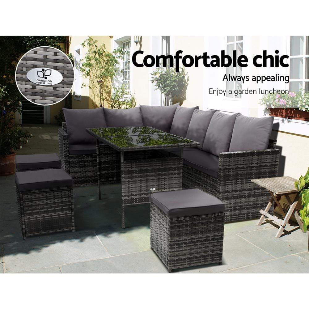 Gardeon Outdoor Furniture Dining Setting Sofa Set Lounge Wicker 9 Seater Mixed Grey - Newstart Furniture