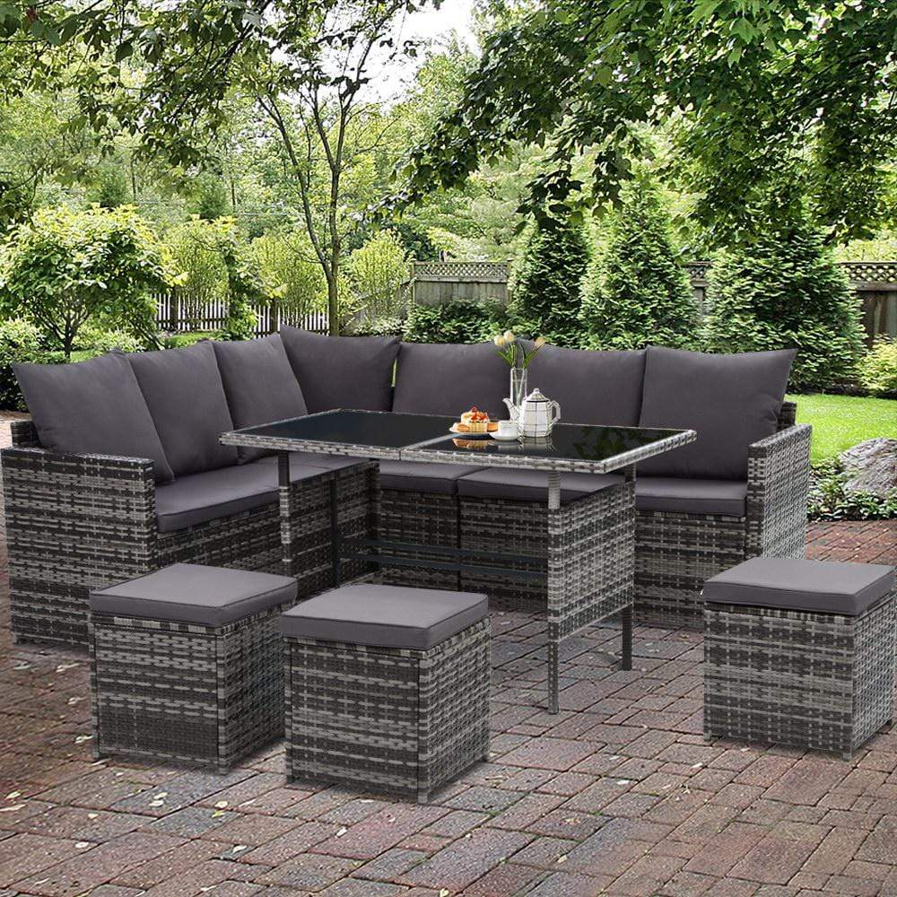 Gardeon Outdoor Furniture Dining Setting Sofa Set Lounge Wicker 9 Seater Mixed Grey - Newstart Furniture