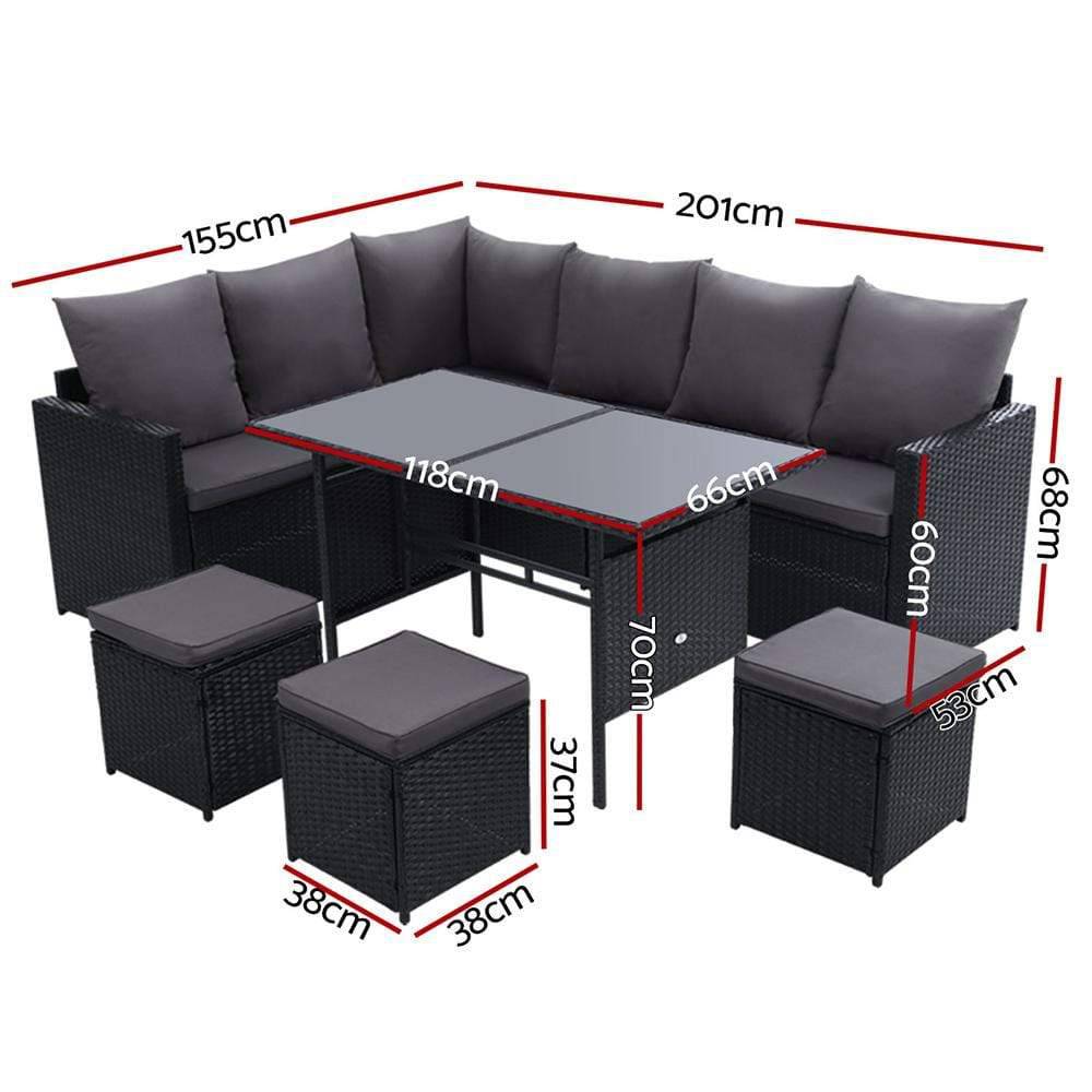 Gardeon Outdoor Furniture Dining Setting Sofa Set Wicker 9 Seater Storage Cover Black - Newstart Furniture