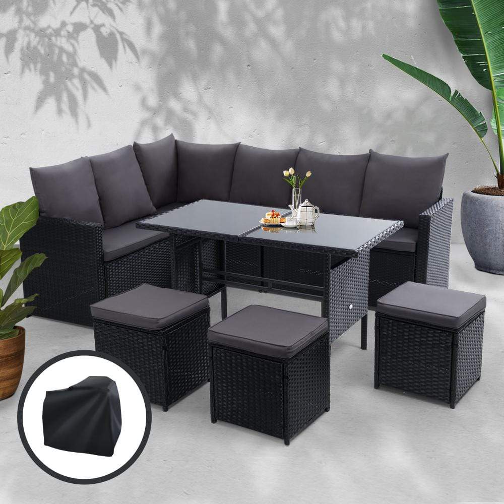 Gardeon Outdoor Furniture Dining Setting Sofa Set Wicker 9 Seater Storage Cover Black - Newstart Furniture