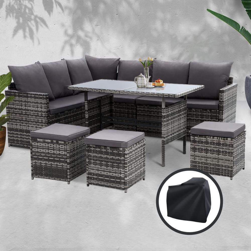 Gardeon Outdoor Furniture Dining Setting Sofa Set Wicker 9 Seater Storage Cover Mixed Grey - Newstart Furniture