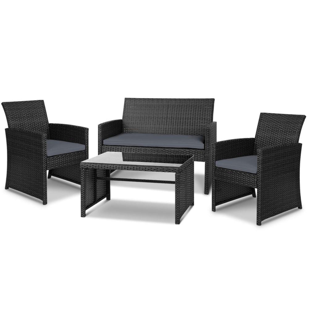 Gardeon Set of 4 Outdoor Lounge Setting Rattan Patio Wicker Dining Set Black - Newstart Furniture