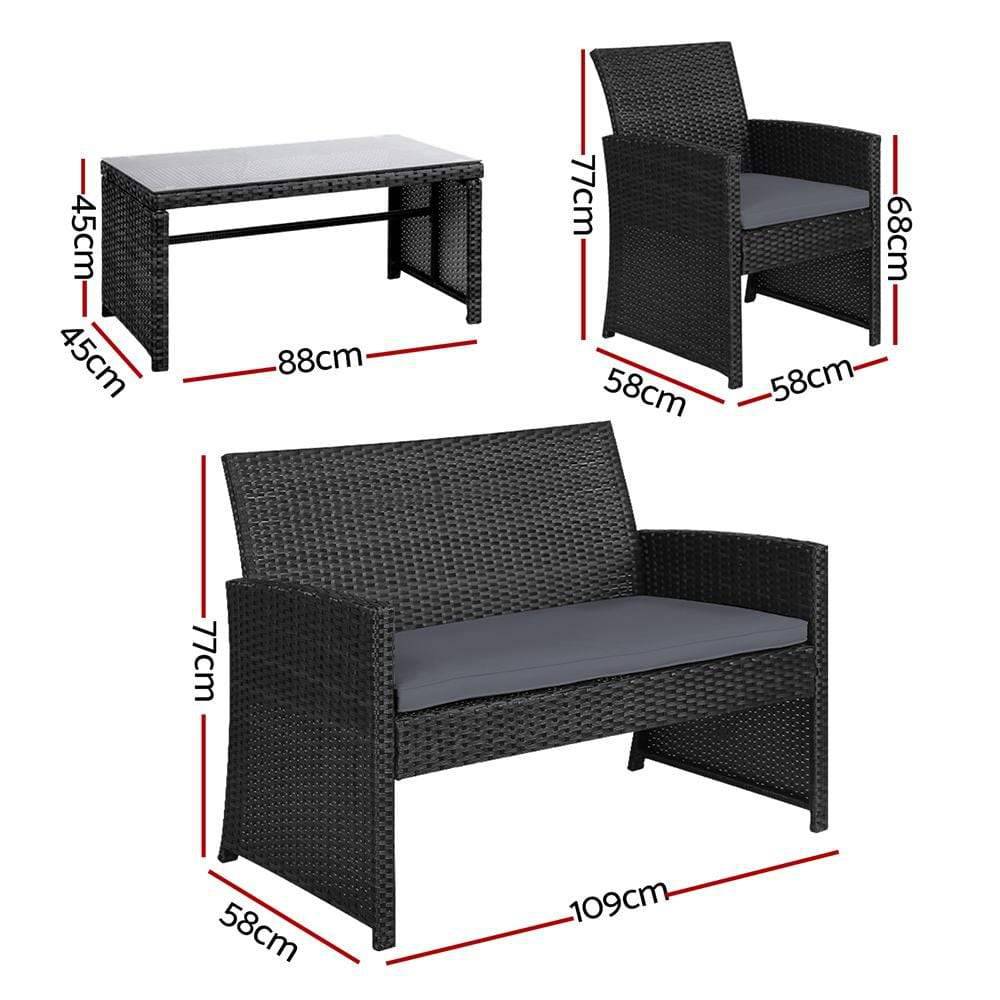 Gardeon Set of 4 Outdoor Lounge Setting Rattan Patio Wicker Dining Set Black - Newstart Furniture