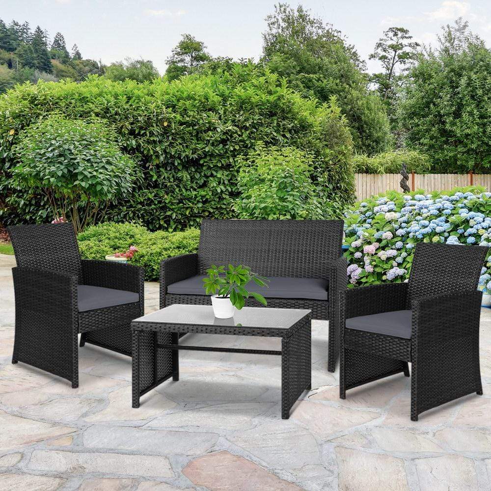 Gardeon Set of 4 Outdoor Lounge Setting Rattan Patio Wicker Dining Set Black - Newstart Furniture