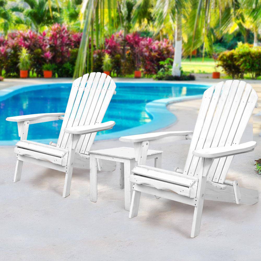 Gardeon 3 Piece Outdoor Adirondack Beach Chair and Table Set - White - Newstart Furniture