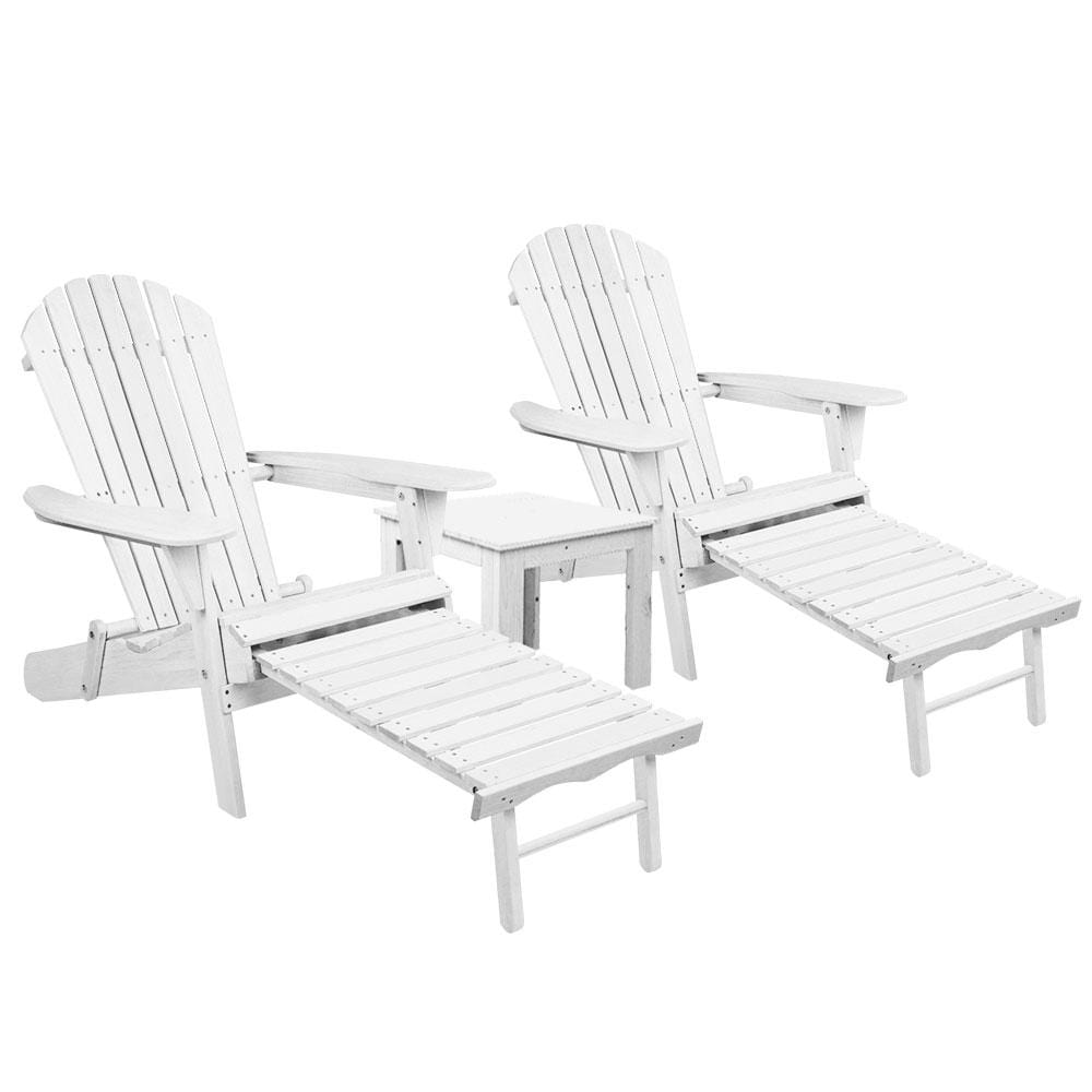 Gardeon 3 Piece Outdoor Adirondack Lounge Beach Chair Set - White - Newstart Furniture