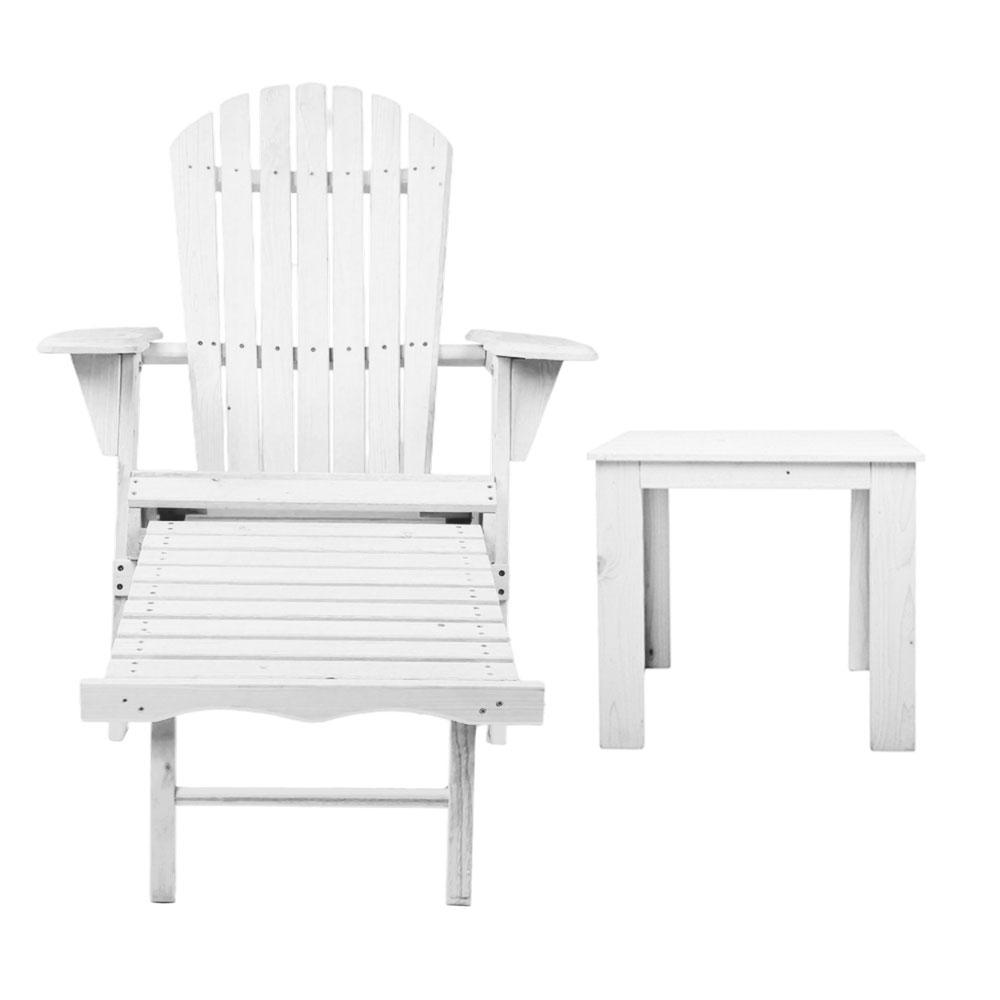 Gardeon 3 Piece Outdoor Adirondack Lounge Beach Chair Set - White - Newstart Furniture