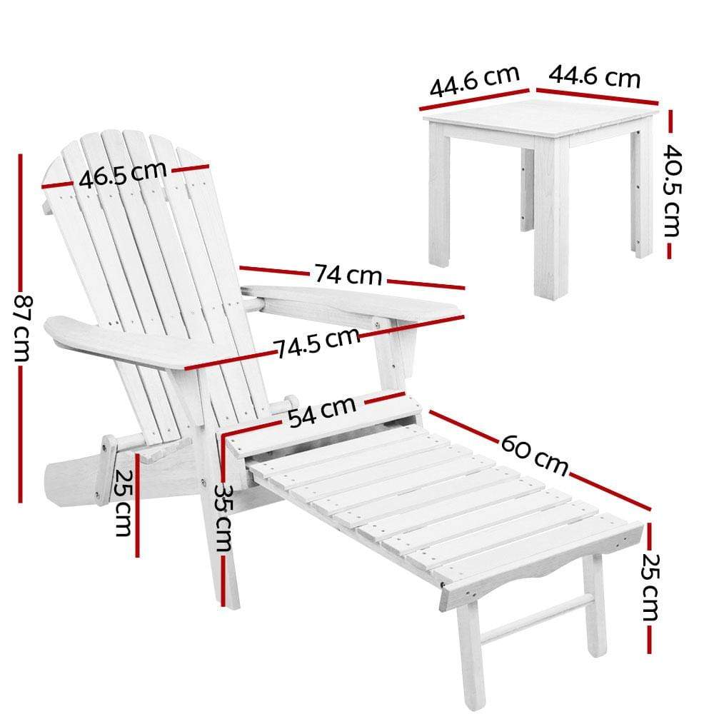 Gardeon 3 Piece Outdoor Adirondack Lounge Beach Chair Set - White - Newstart Furniture