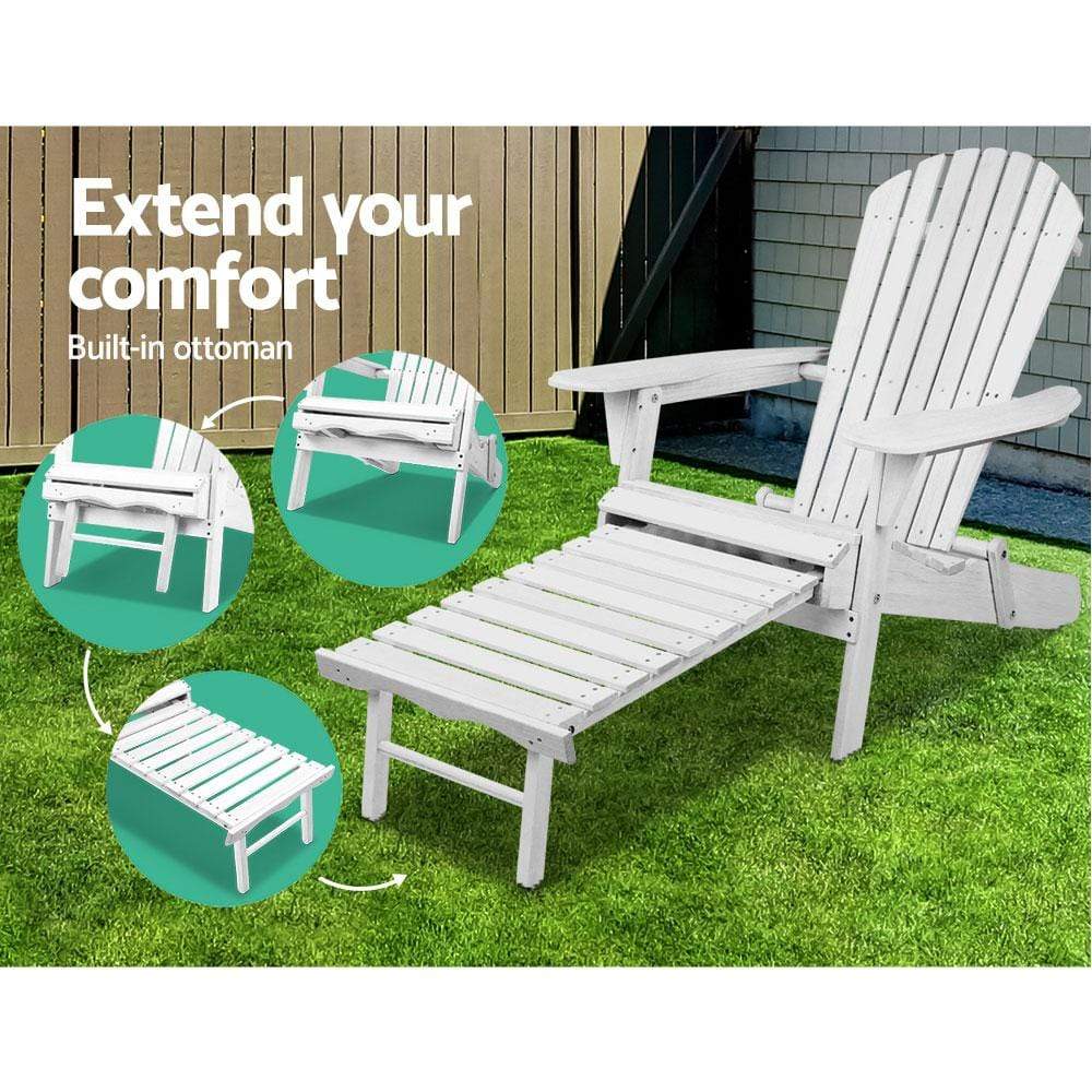 Gardeon 3 Piece Outdoor Adirondack Lounge Beach Chair Set - White - Newstart Furniture