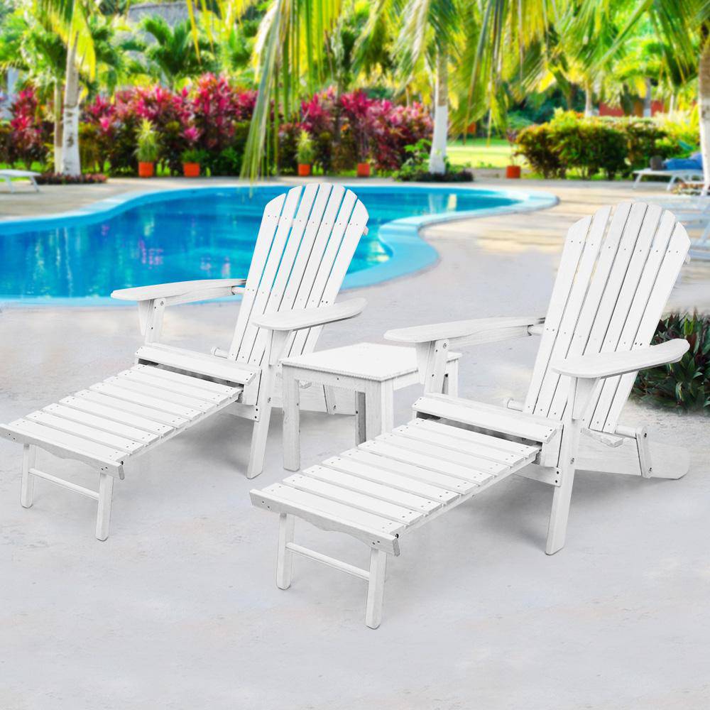 Gardeon 3 Piece Outdoor Adirondack Lounge Beach Chair Set - White - Newstart Furniture