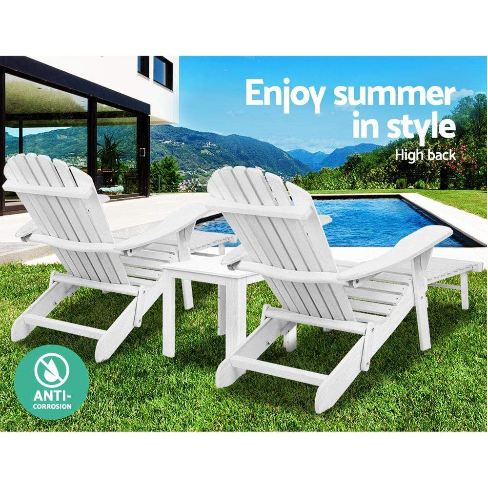 Gardeon 3 Piece Outdoor Adirondack Lounge Beach Chair Set - White - Newstart Furniture