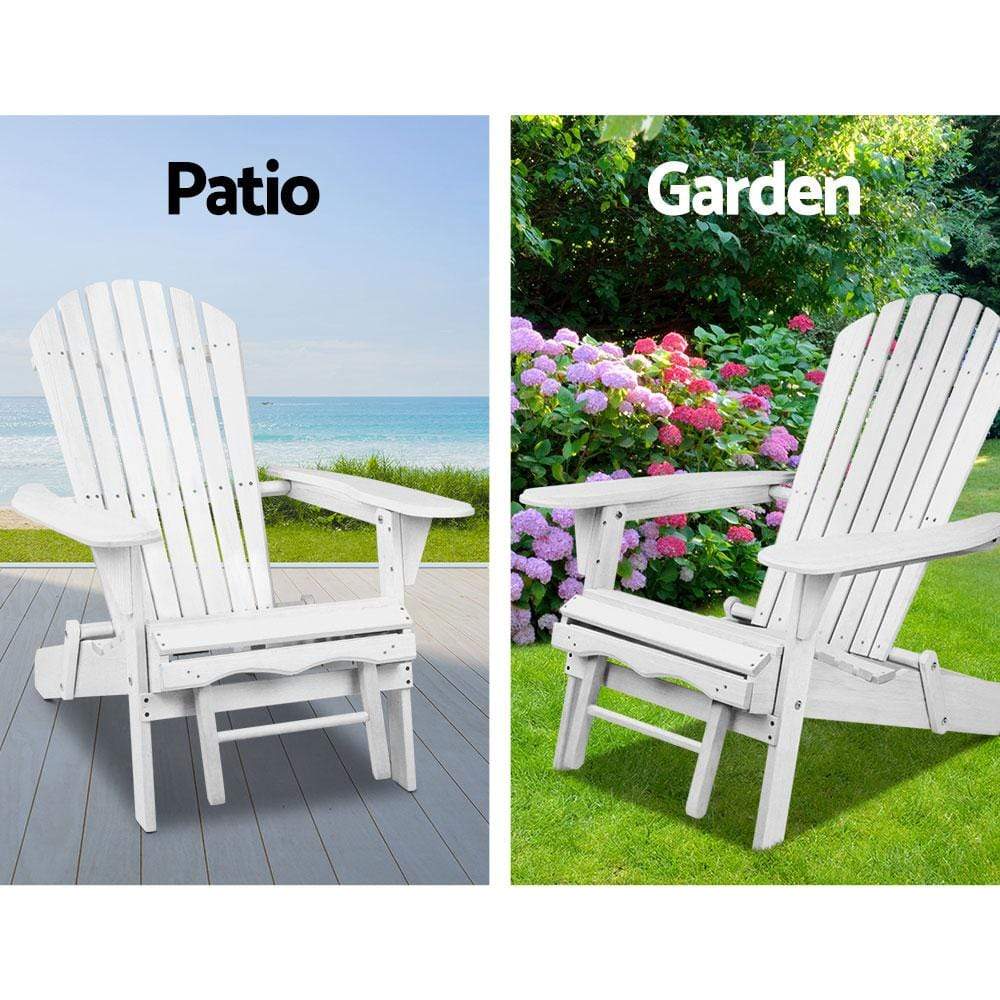 Gardeon 3 Piece Outdoor Adirondack Lounge Beach Chair Set - White - Newstart Furniture