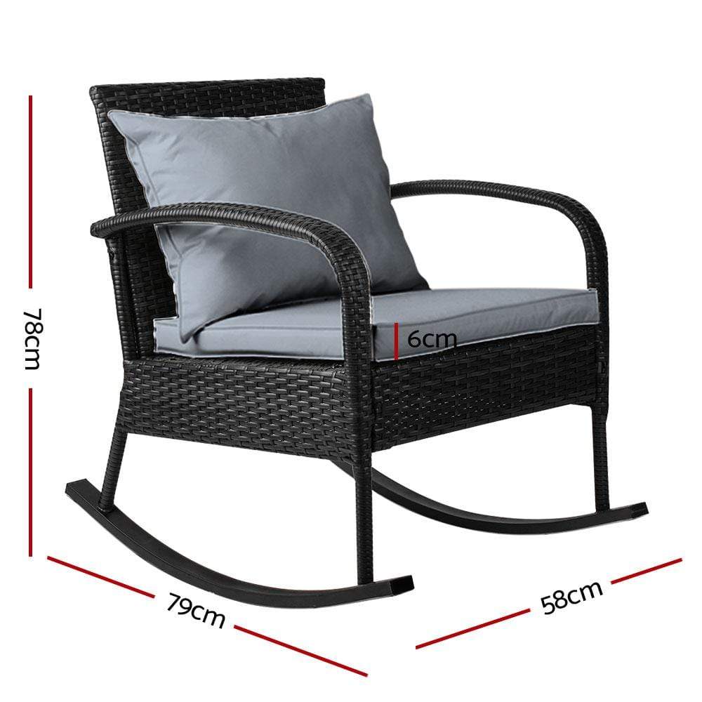 Gardeon Outdoor Furniture Rocking Chair Wicker Garden Patio Lounge Setting Black - Newstart Furniture