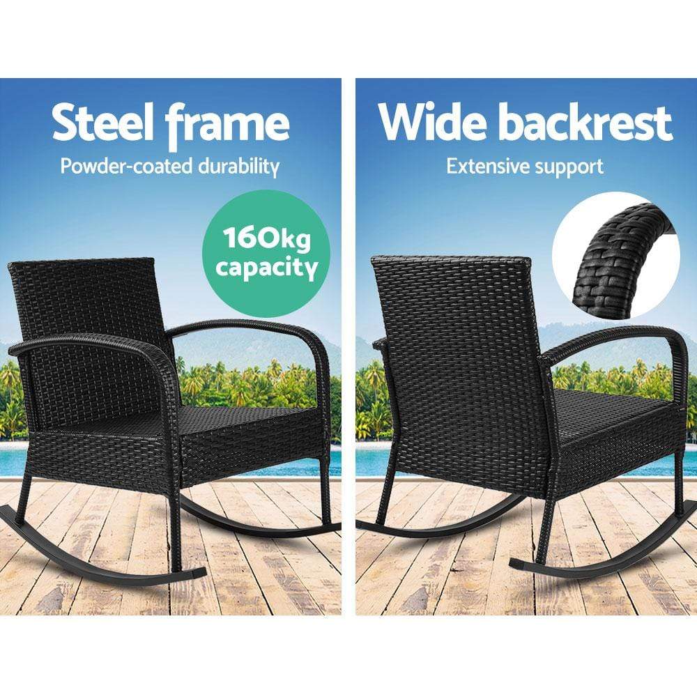 Gardeon Outdoor Furniture Rocking Chair Wicker Garden Patio Lounge Setting Black - Newstart Furniture