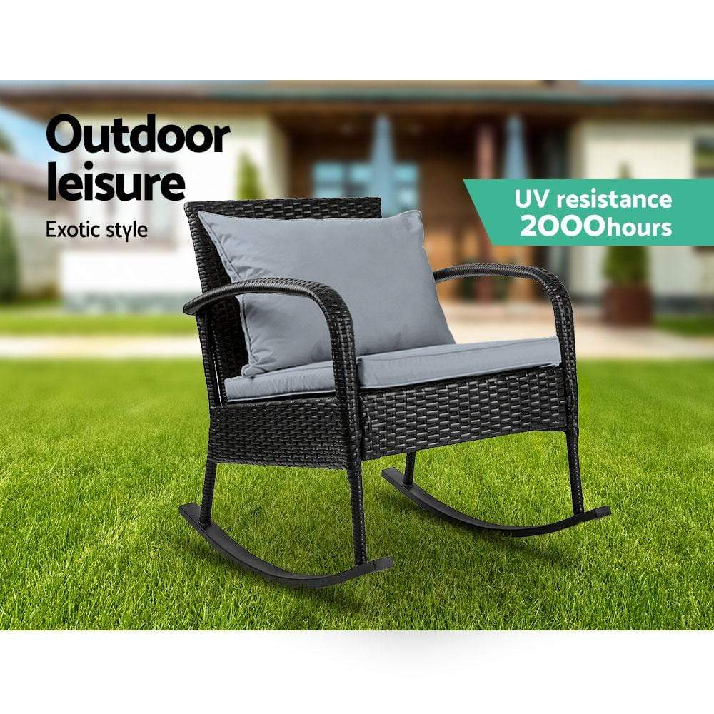 Gardeon Outdoor Furniture Rocking Chair Wicker Garden Patio Lounge Setting Black - Newstart Furniture