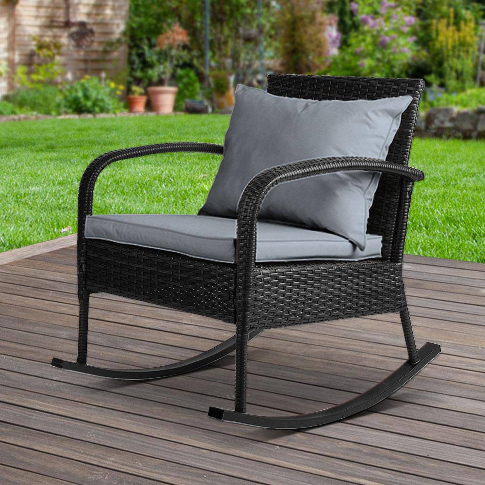 Gardeon Outdoor Furniture Rocking Chair Wicker Garden Patio Lounge Setting Black - Newstart Furniture