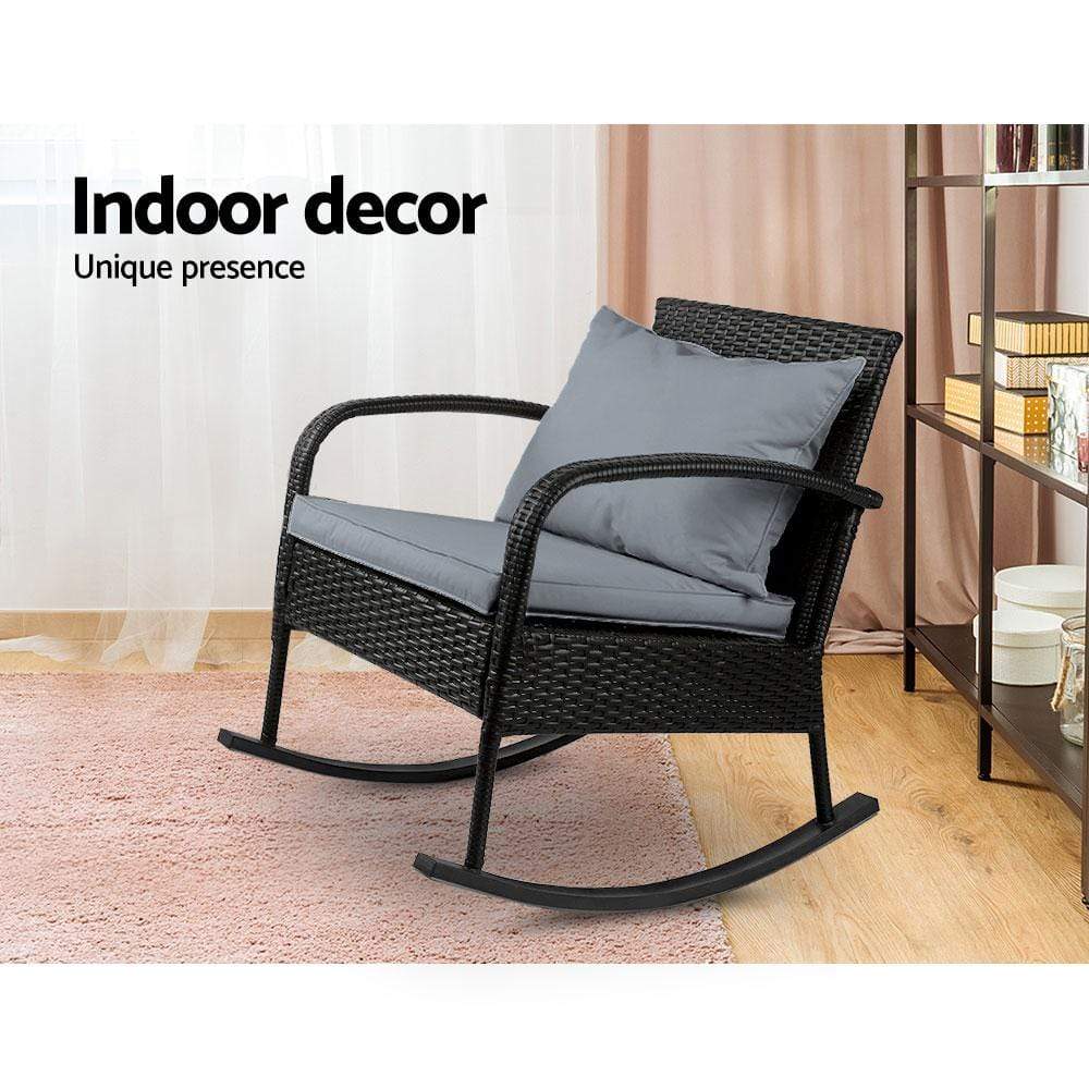 Gardeon Outdoor Furniture Rocking Chair Wicker Garden Patio Lounge Setting Black - Newstart Furniture