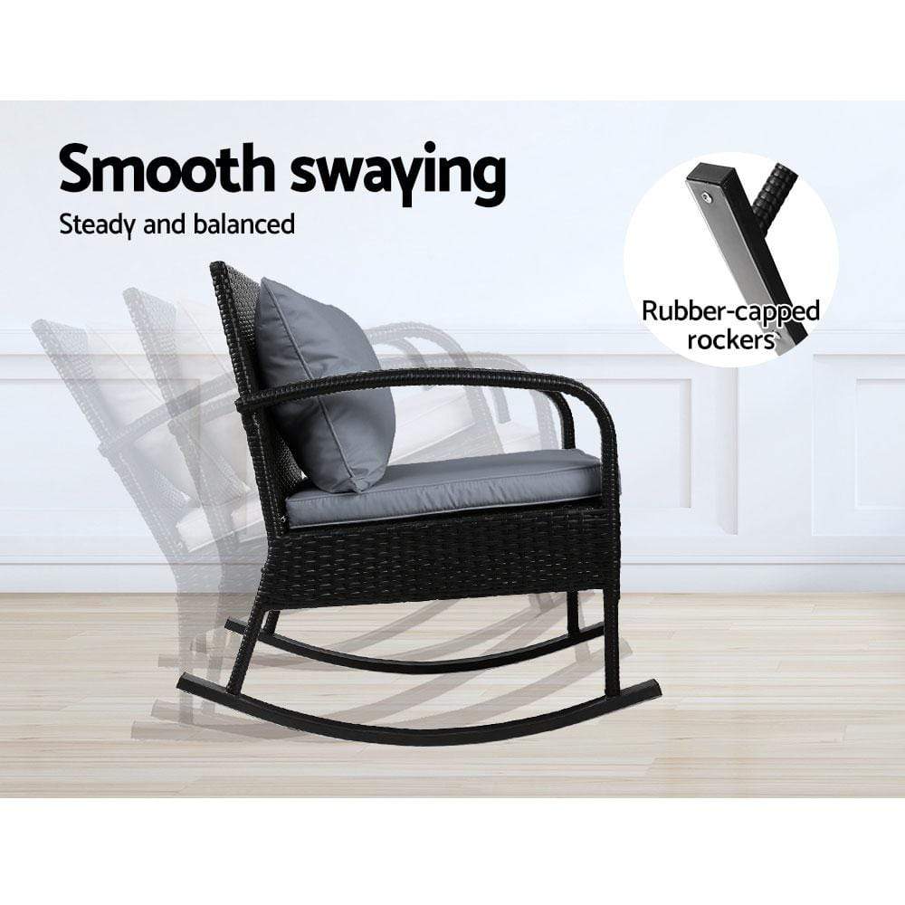 Gardeon Outdoor Furniture Rocking Chair Wicker Garden Patio Lounge Setting Black - Newstart Furniture