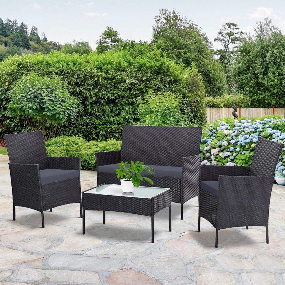 Gardeon 4-piece Outdoor Lounge Setting Wicker Patio Furniture Dining Set Grey - Newstart Furniture