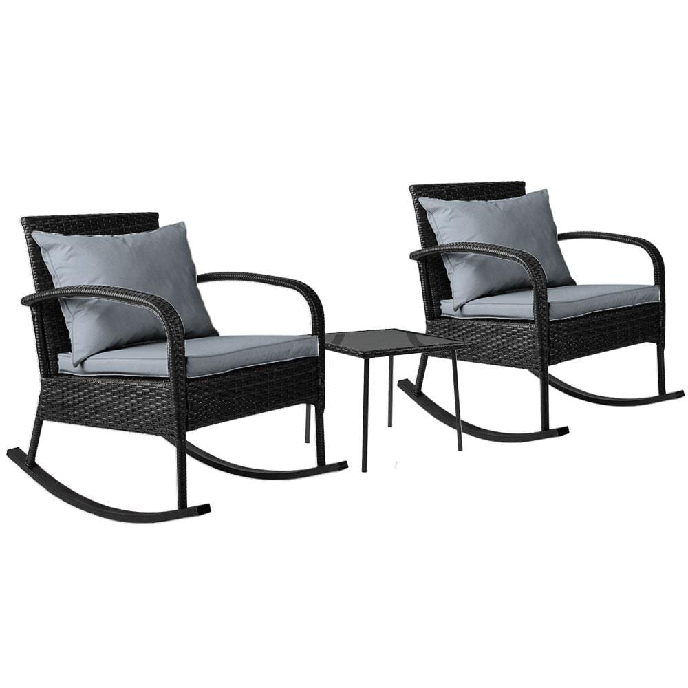 Gardeon 3 Piece Outdoor Chair Rocking Set - Black - Newstart Furniture