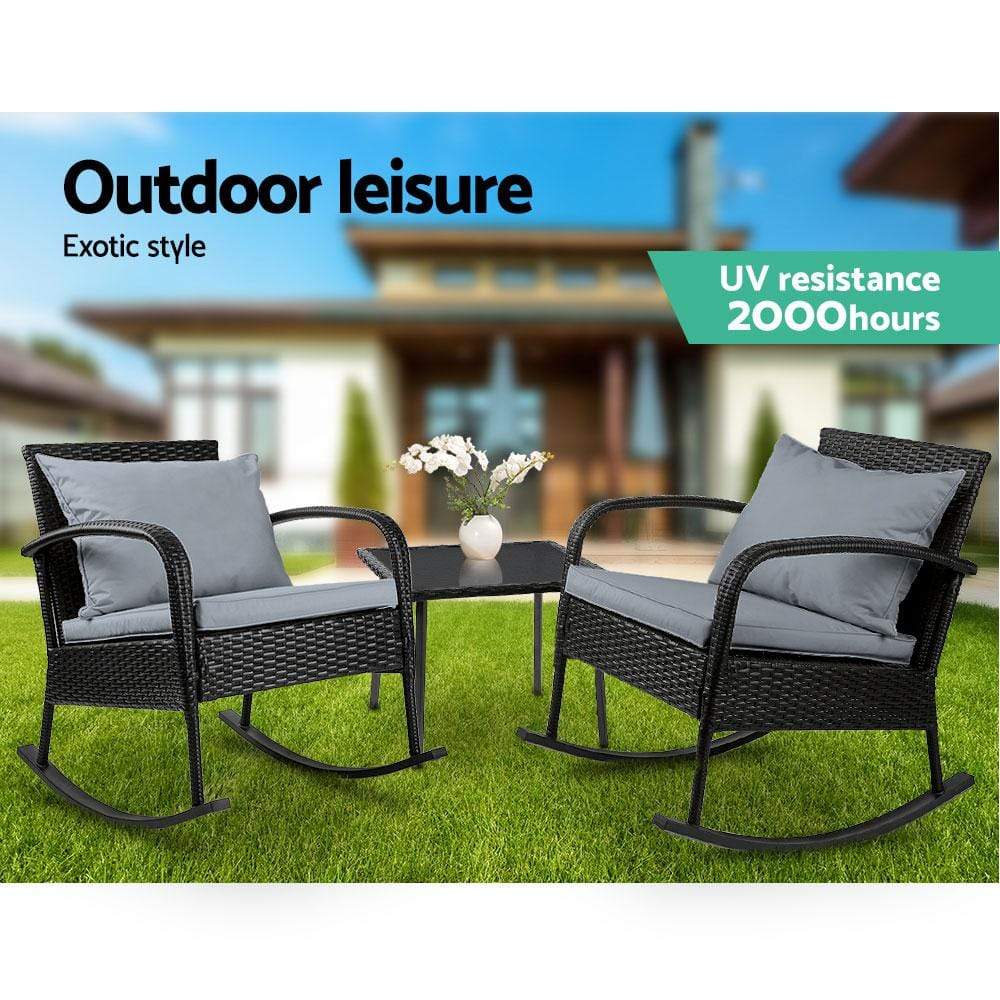 Gardeon 3 Piece Outdoor Chair Rocking Set - Black - Newstart Furniture