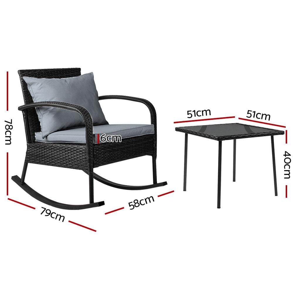 Gardeon 3 Piece Outdoor Chair Rocking Set - Black - Newstart Furniture